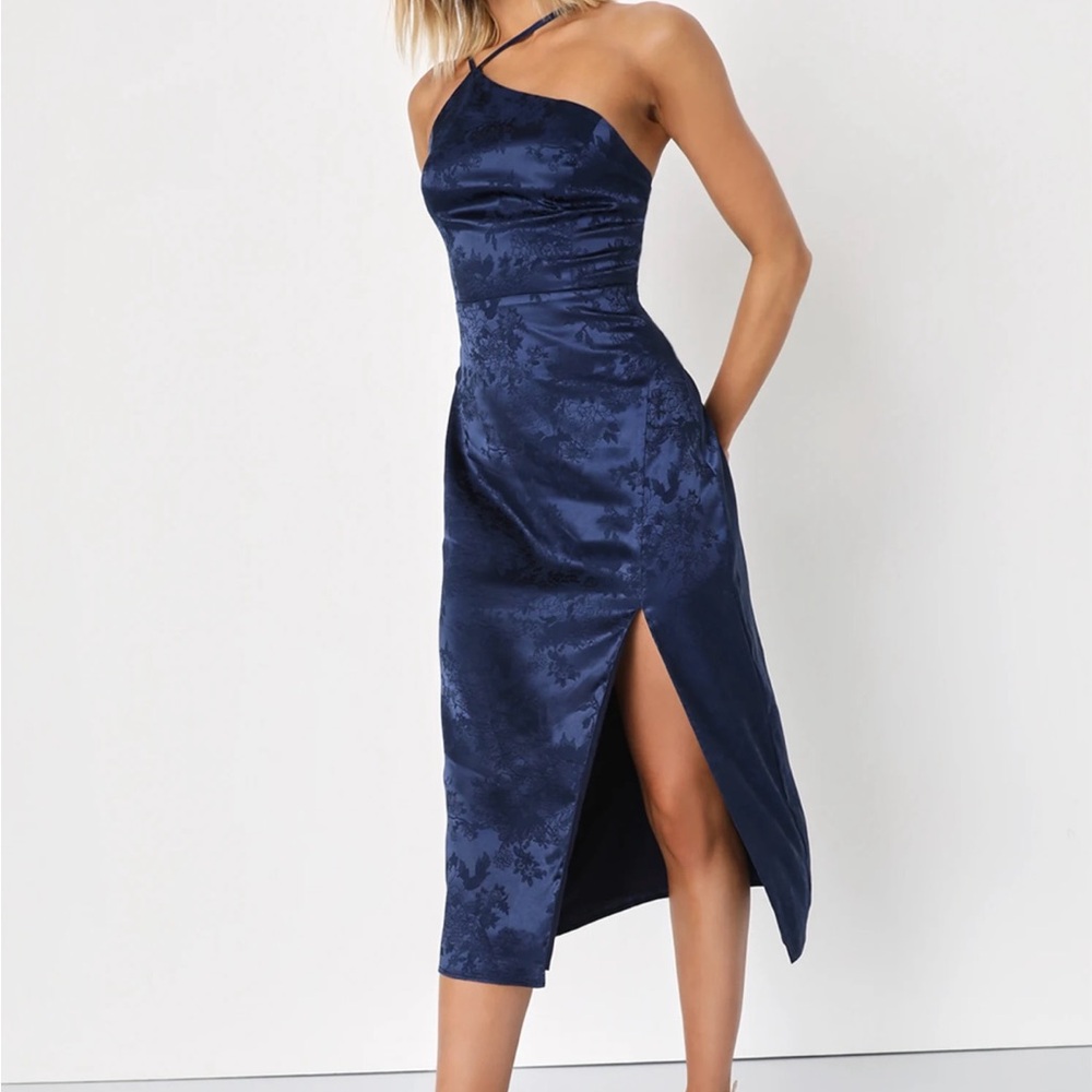 Lulu's Desirable Dream Navy Blue Satin Jacquard Halter Neck Midi Dress - Picture 3 of 6